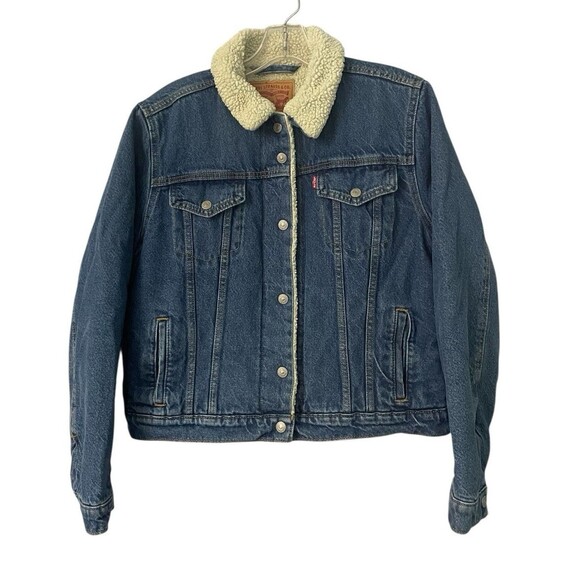 Woman's Size L Large Levis Strauss Denim Sherpa Lined Trucker Jacket Button Up - Picture 1 of 14